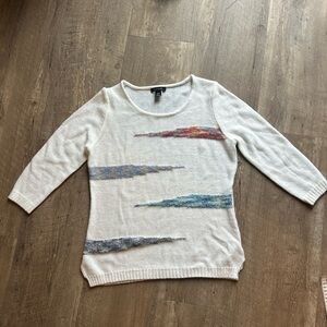 Alison Sheri Cream Knit Sweater – Size M – Colorful Abstract Stripe Detail
